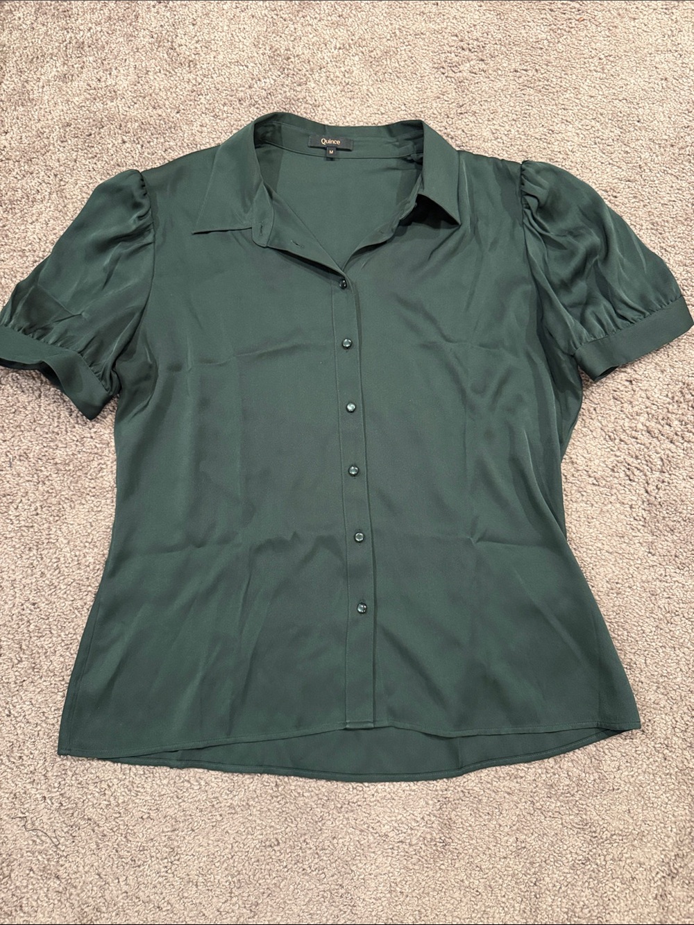 Quince Silk Deep Green Short Sleeve Button-Up Blouse